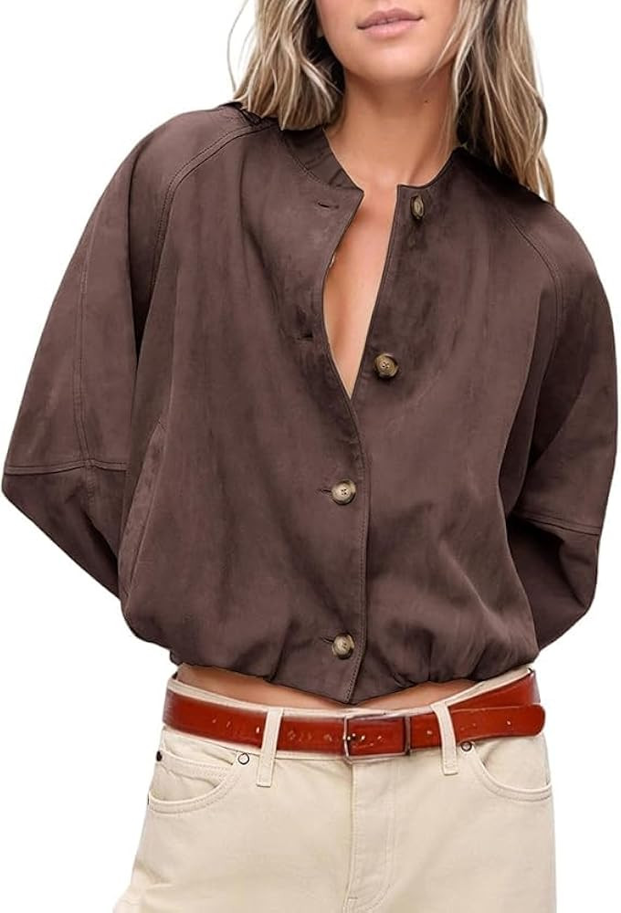 Womens Faux Suede Bomber Jacket Oversized Bubble Hem Cropped Pilot Coat 2025 Fall Trendy Casual S... | Amazon (US)