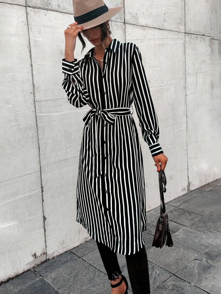 Striped Belted Shirt Dress | SHEIN