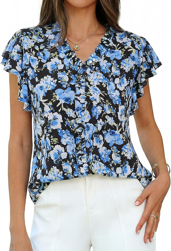 GRACE KARIN 2026 Boho Tops for Women Dressy Casual,Ruffle Sleeve Chiffon Blouses Work Shirts,V Ne... | Amazon (US)