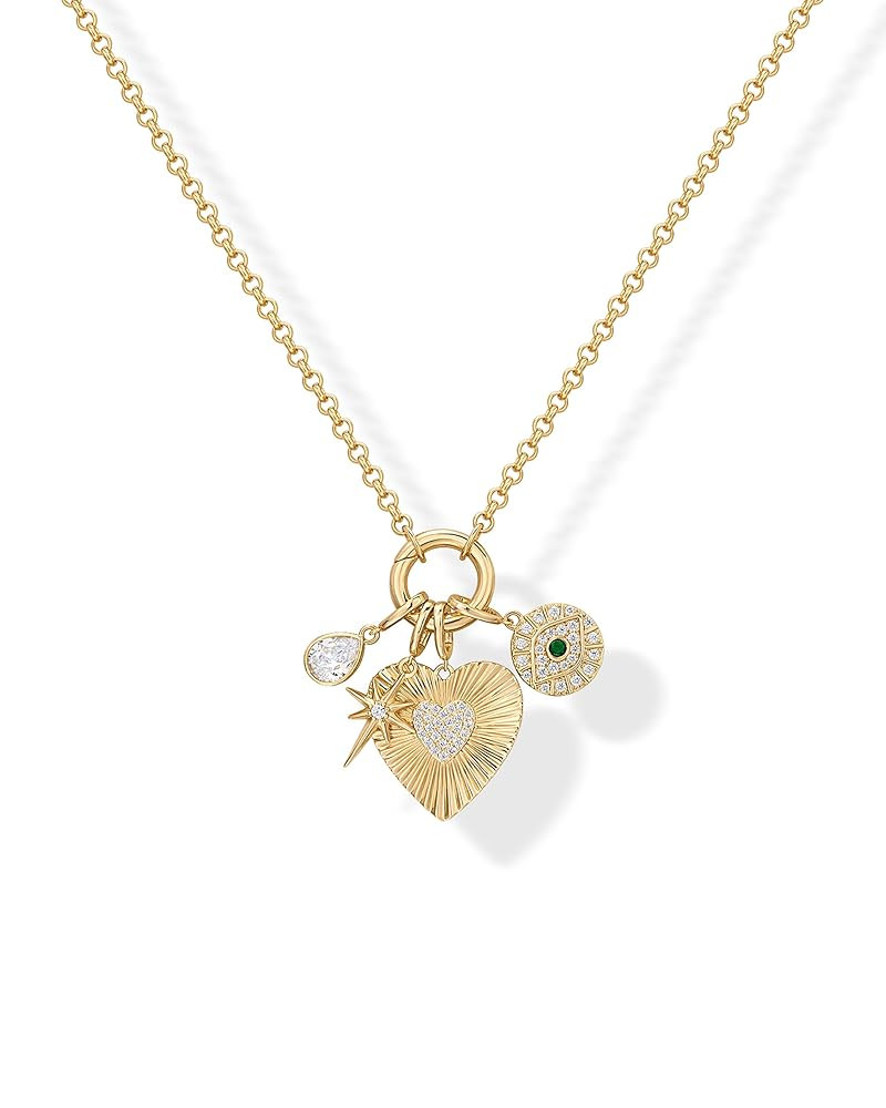 PAVOI 14K Gold Plated Cluster Toggle Pendant Heart Charm Necklace for Women - Chain Heart, Star, ... | Amazon (US)
