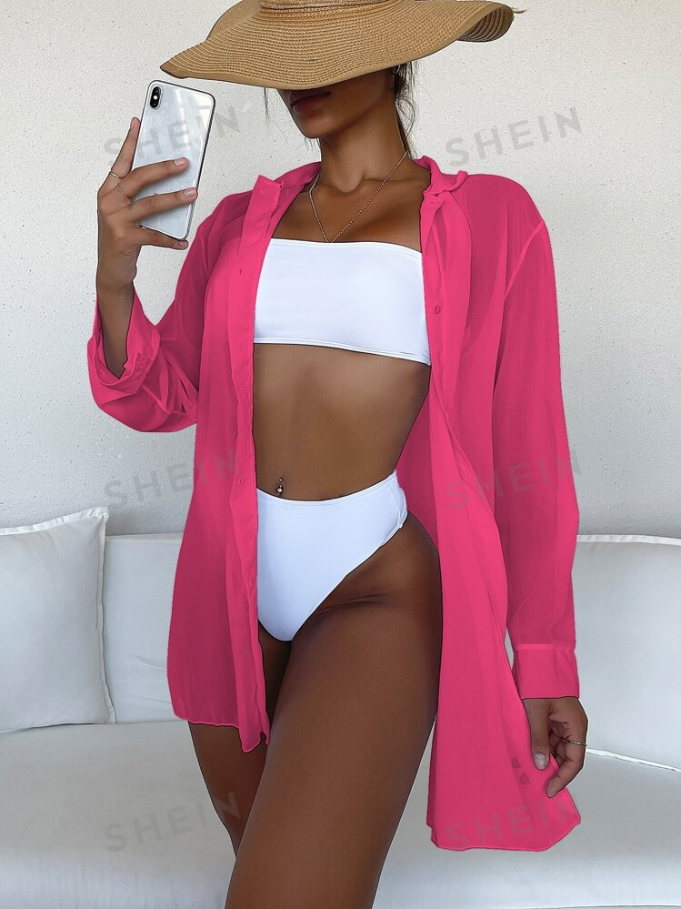 SHEIN Swim Summer Beach Cut-Out Button Front Kimono | SHEIN