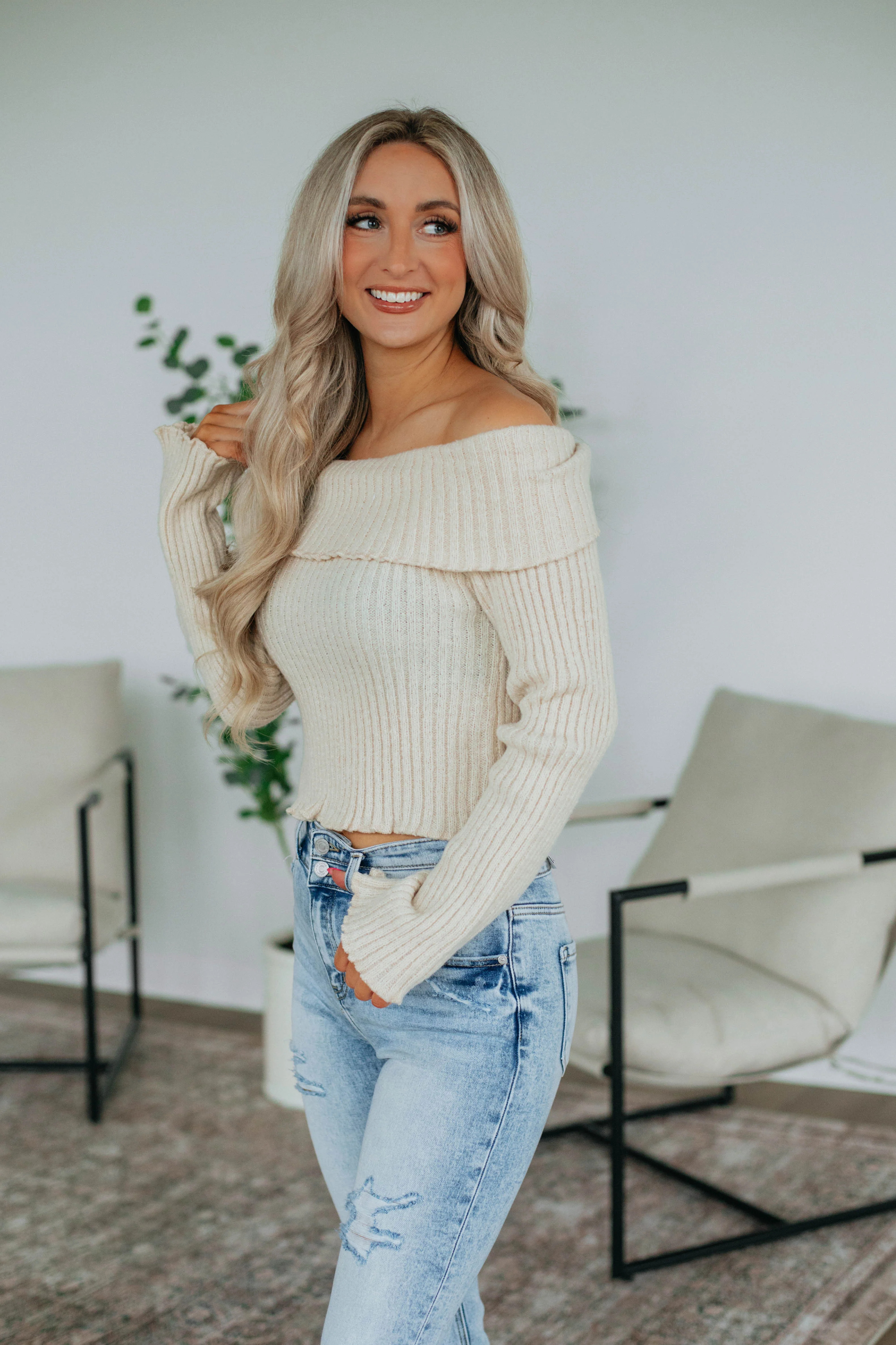 Elaine Off Shoulder Sweater - Cream | Wild Oak Boutique