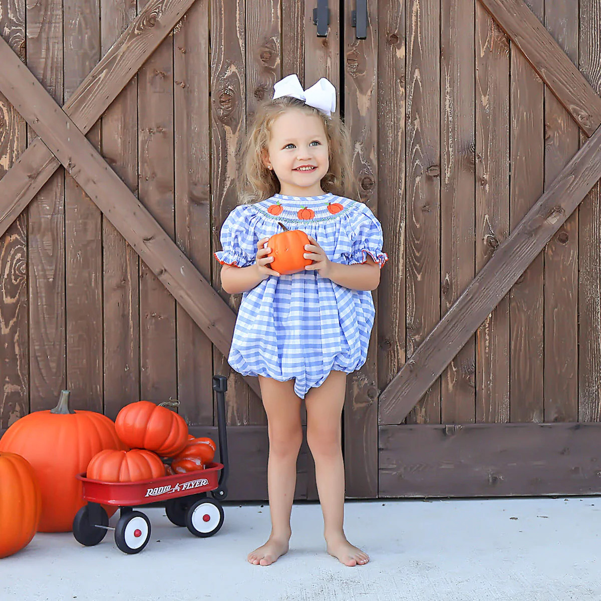 Pumpkin Smocked Light Blue Check Bishop Bubble | Classic Whimsy