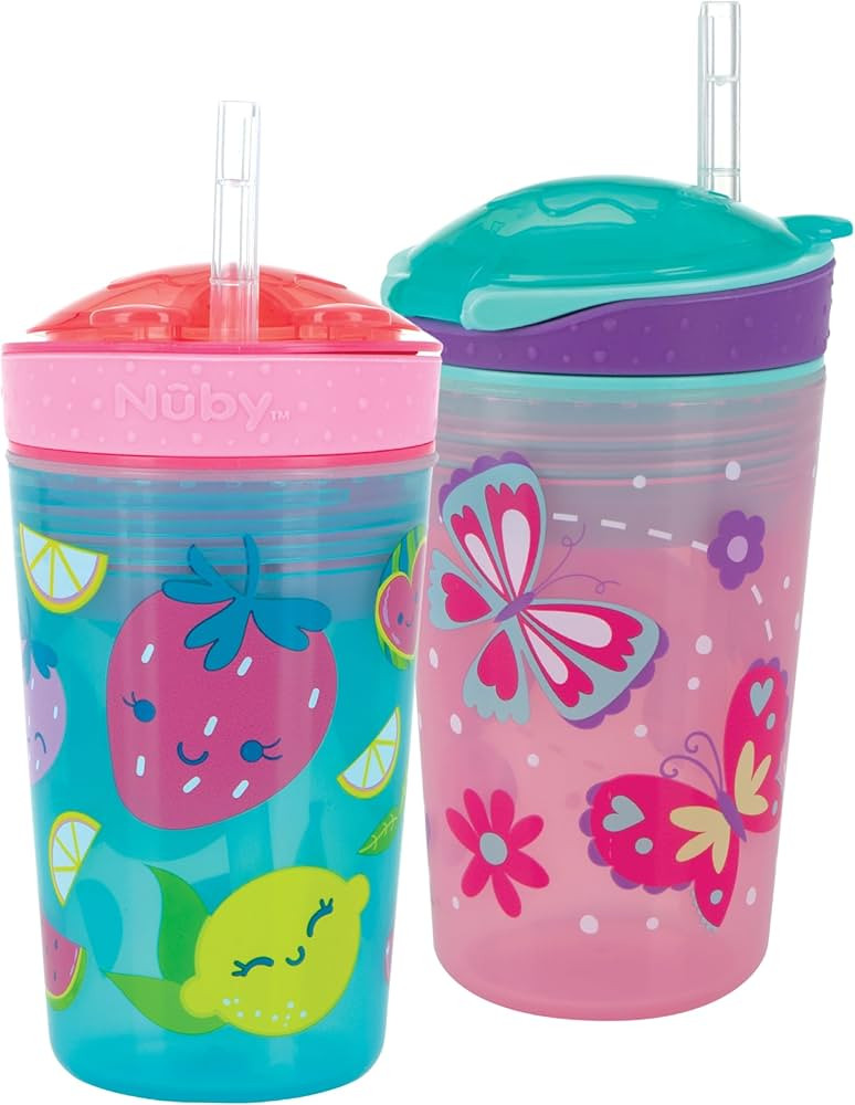 NUBY All in One Snack Bowl and No Spill Soft Straw Cup - 2 Pack Pink Butterflies & Aqua Fruits - ... | Amazon (US)