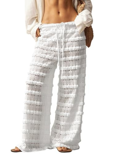 RoseSeek Women's Crochet Lace Pants Ruffle Layered Elastic Waist Mesh Bathing Suit Cover Up Beach Pants Pure White XX-Small | Amazon (US)