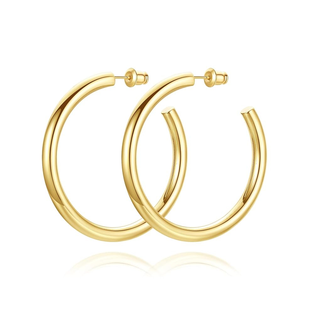 Gold Hoop Earrings for Women 14K Gold Plated Chunky Hoop Earrings for Women Thick Lightweight Ear... | Amazon (US)