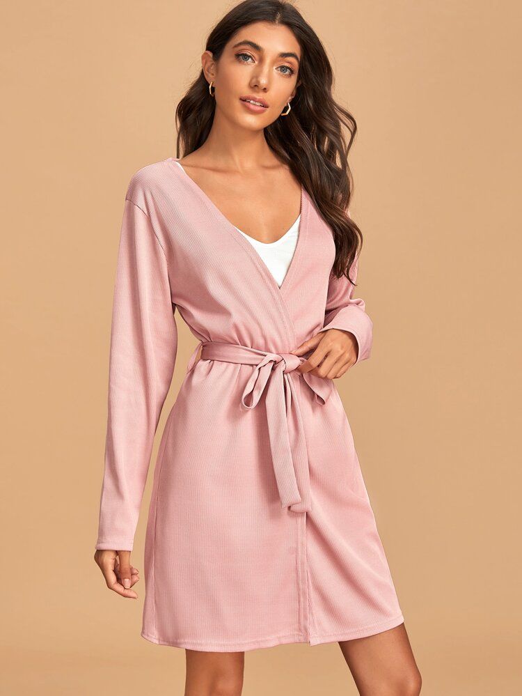 Solid Ribbed Self Tie Robe | SHEIN
