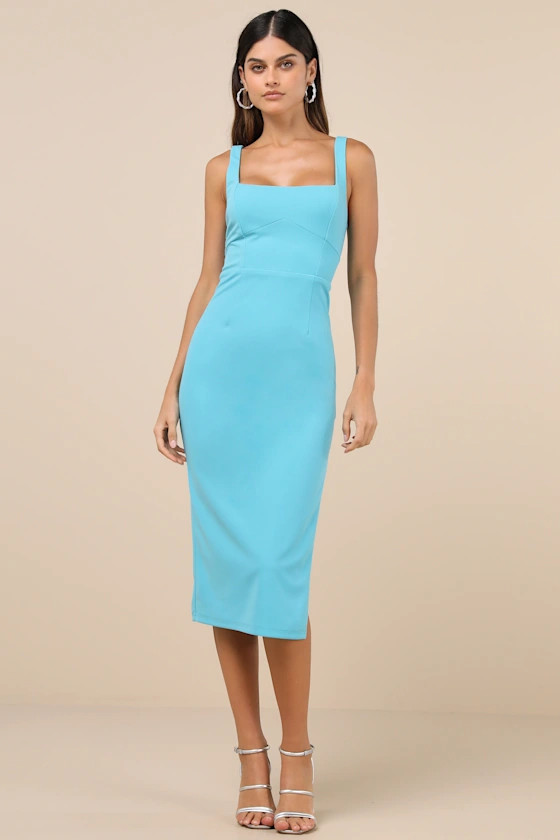 Vibrant Allure Aqua Square Neck Sleeveless Bodycon Midi Dress | Lulus