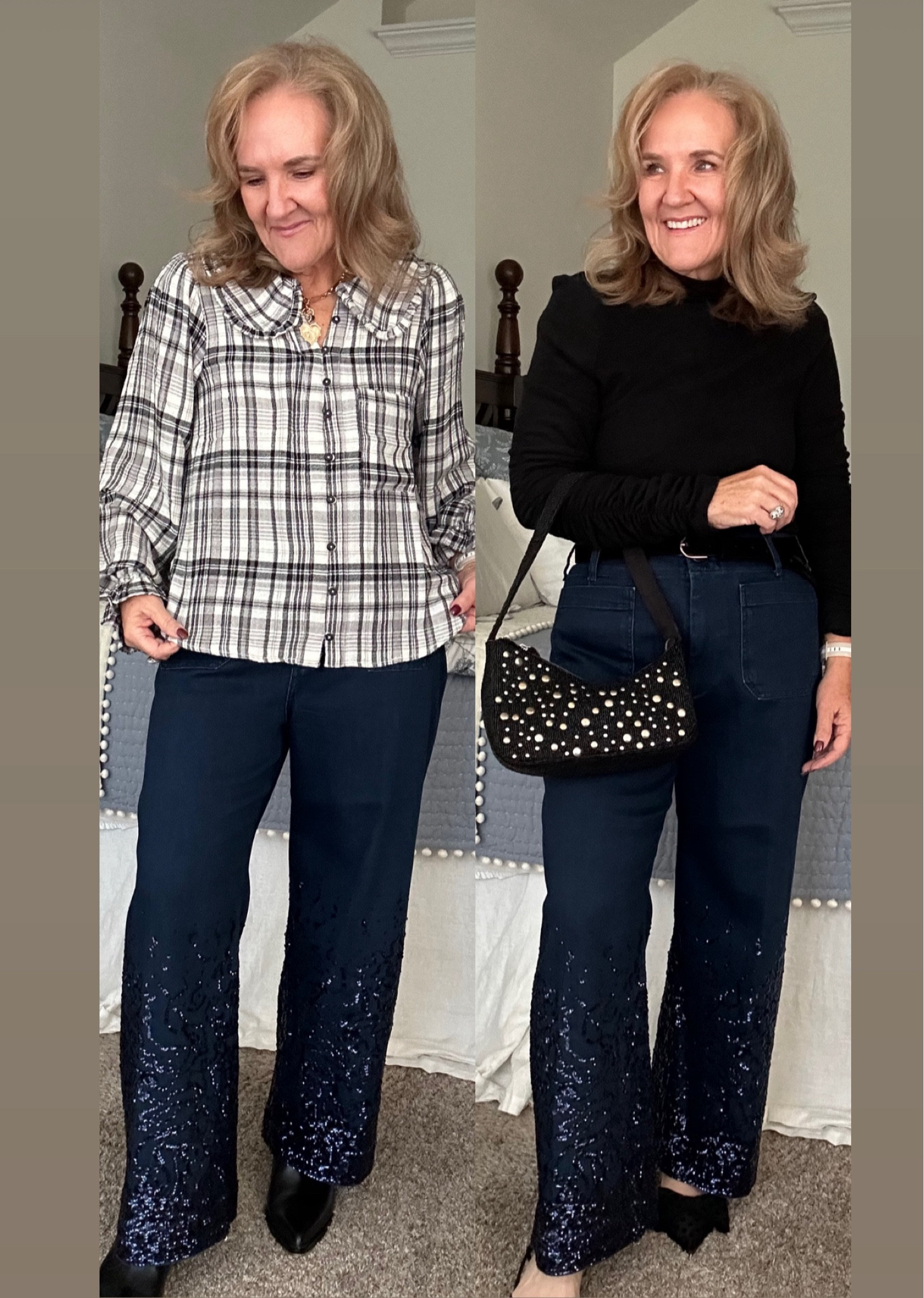 Colette jeans embellished with sequins! Wearing a size 30 for a relaxed fit 

Tops size medium 

Anthropologie holiday outfits Thanksgiving outfit studded bag black turtleneck plaid blouse 


#LTKHoliday #LTKOver40 #LTKMidsize