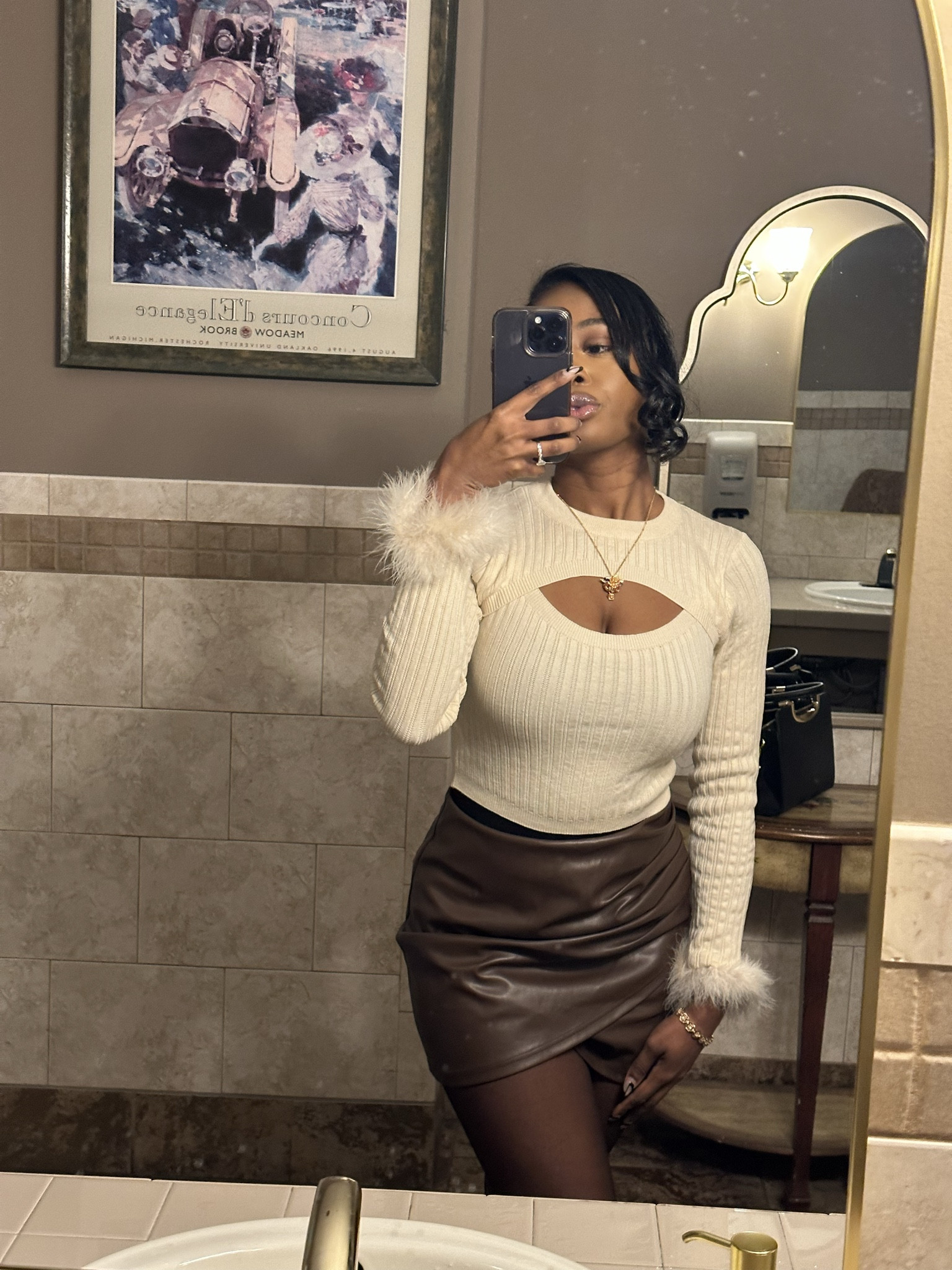 Fur Cuff Cut Out Front Crop Sweater Top
And Leather brown skirt 

#LTKHoliday #LTKCyberWeek #LTKSeasonal