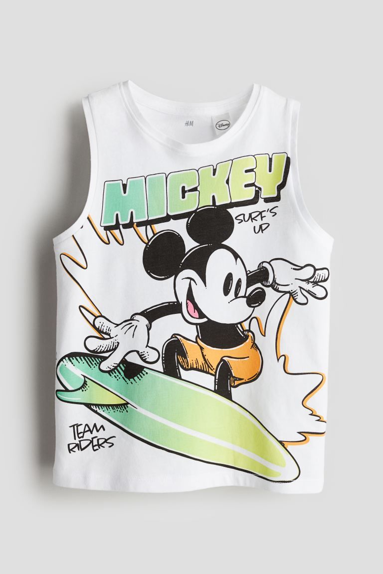 Printed Tank Top - Round Neck - Short sleeve - White/Mickey Mouse - Kids | H&M US | H&M (US + CA)