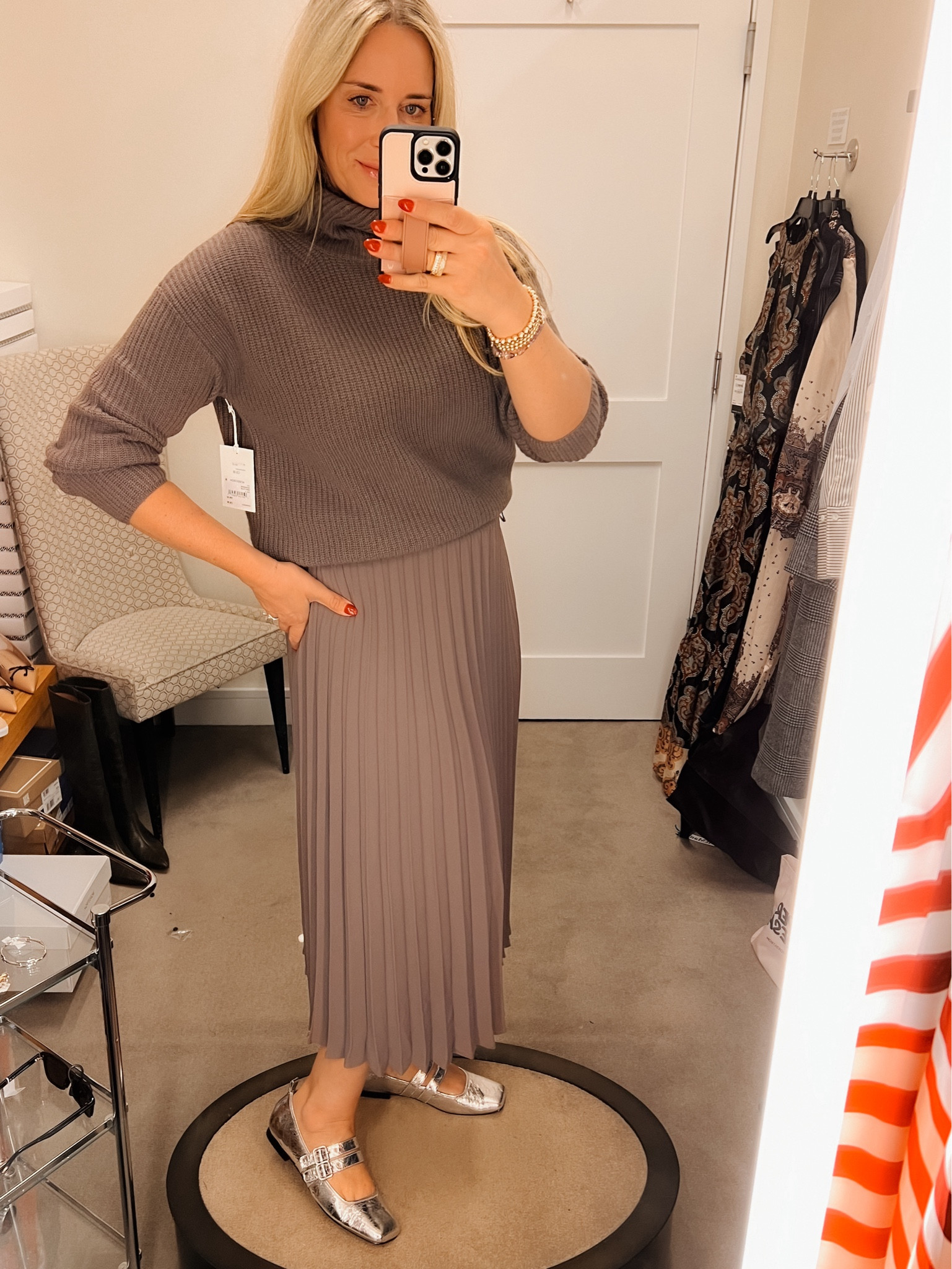 Nordstrom Anniversary Sale work style. 

Pleated skirt - can size down. Wearing a small

Cashmere blend sweater on sale - sized down to a small. 

NSale
Work style
Fall trends
Silver ballet flats 

#LTKxNSale #LTKSummerSales #LTKFindsUnder100