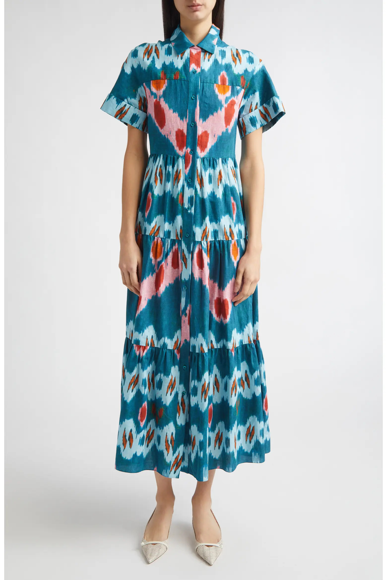 Ikat Print Tiered Cotton Sateen Midi Shirtdress (Women) | Nordstrom | Nordstrom