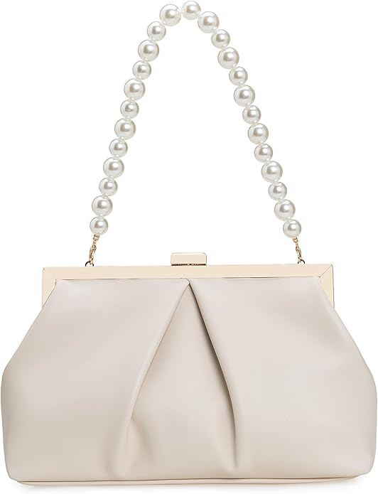 CHARMING TAILOR Faux Leather Clutch Purse Ruched PU Metal Frame Formal Evening Bag with Pearl Sta... | Amazon (US)