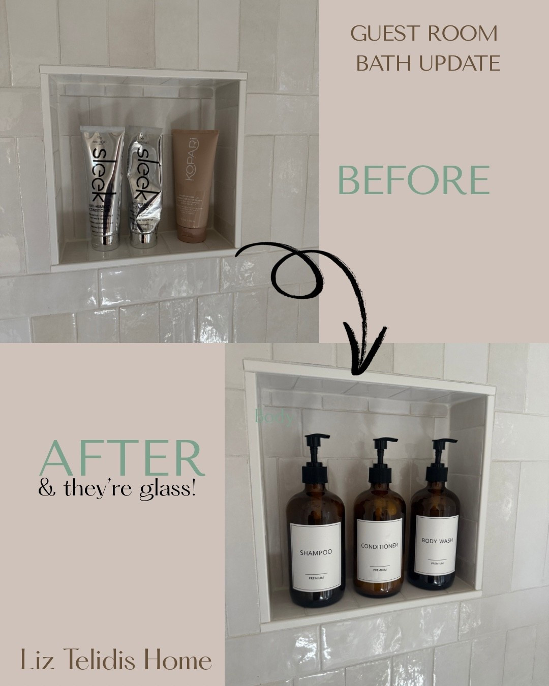Easy affordable bathroom update in my guest room. Making it feel like a hotel. Glass, amber bottles. The shower niche looks so clean now. 
Soo many good options linked. I would have bought the ones with the silicone sleeve but didn’t realize so now purchasing the silicone bases as well 

#LTKSaleAlert #LTKHome