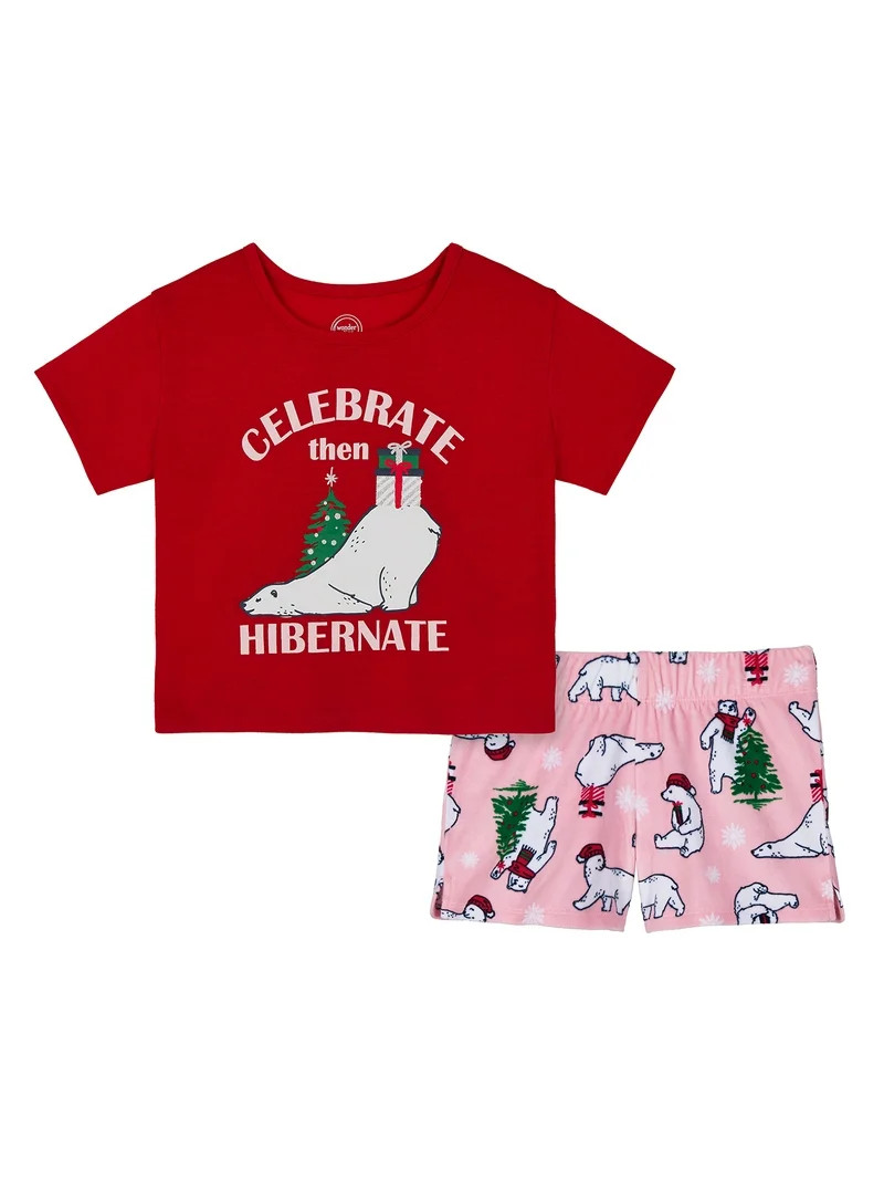 Wonder Nation Girls Short Sleeve Top and Shorts Pajama Set, 2-Piece, Sizes 4-18 & Plus | Walmart (US)