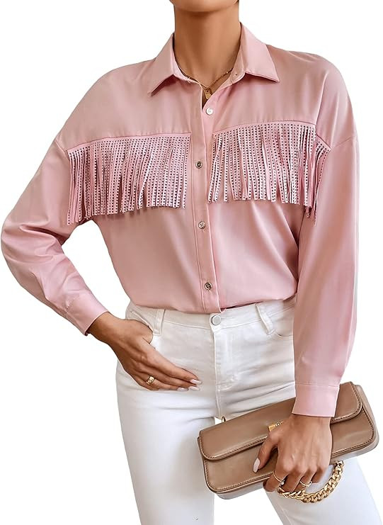 SweatyRocks Women's Long Sleeve Button Front Chiffon Blouse Fringe Trim Shirt Top | Amazon (US)