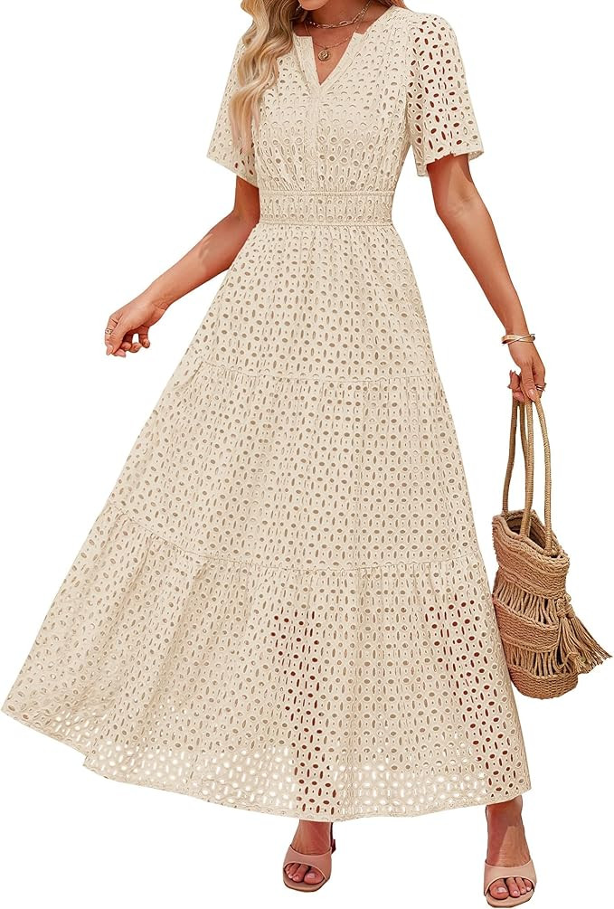 ZESICA Women's 2026 Summer Short Sleeve Maxi Dress Casual V Neck Hollow Out Eyelet Ruffle Swing A... | Amazon (US)