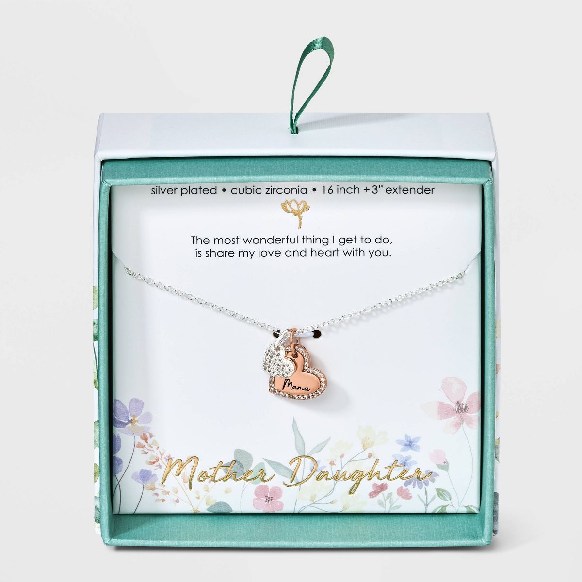 Silver Plated Two Tone "Mama" Cubic Zirconia Double Heart Pendant Necklace - Silver/Rose Gold | Target