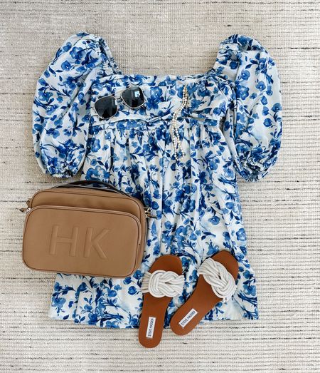 Gorgeous summer outfit with blue floral poplin puff sleeve mini dress paired with white beaded sandals and accessories for a classic look. Love the babydoll silhouette on this dress and how flattering it looks on! Linking similar dresses, also 

#LTKSeasonal #LTKstyletip