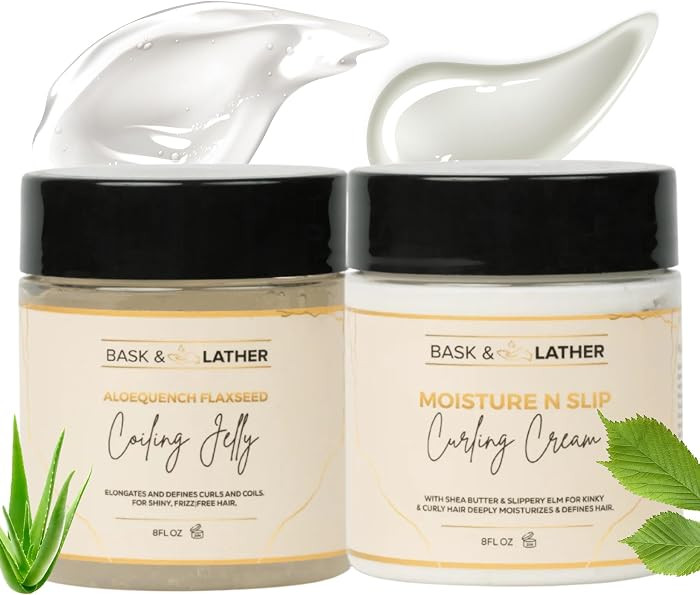 BASK & LATHER Curly Hair Kit for Coils & Curls – Curl Cream & Flaxseed Coiling Jelly Duo, Defin... | Amazon (US)