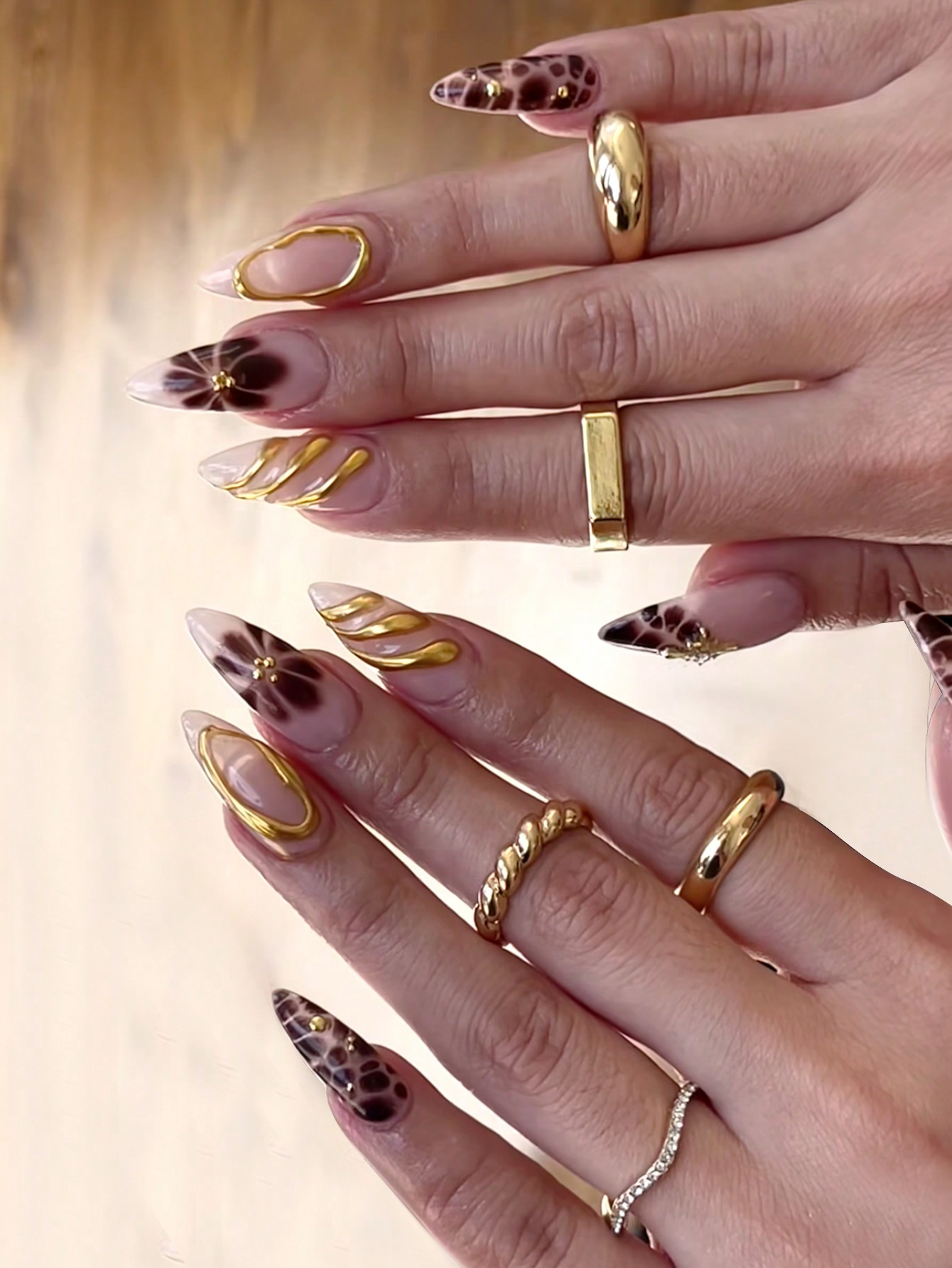 24pcs Medium-Length Almond Press On Nails With Gold Swirls Metal Wearable & Red Beads Flowers Ret... | SHEIN