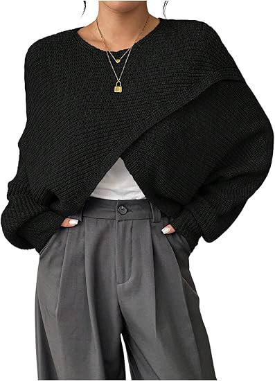 Verdusa Women's Lightweight Asymmetrical Wrap Fall Sweater Tops Old Money Puff Sleeve Cropped Swe... | Amazon (US)