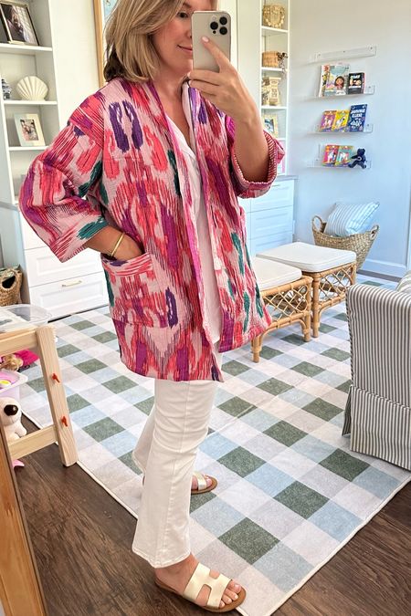 Love this ikat  jacket from Marea. One size fits all. I’m a medium/large. Jeans are my favorite white jeans. Slight stretch and cropped by Loft  

#LTKtravel #LTKmidsize #LTKworkwear