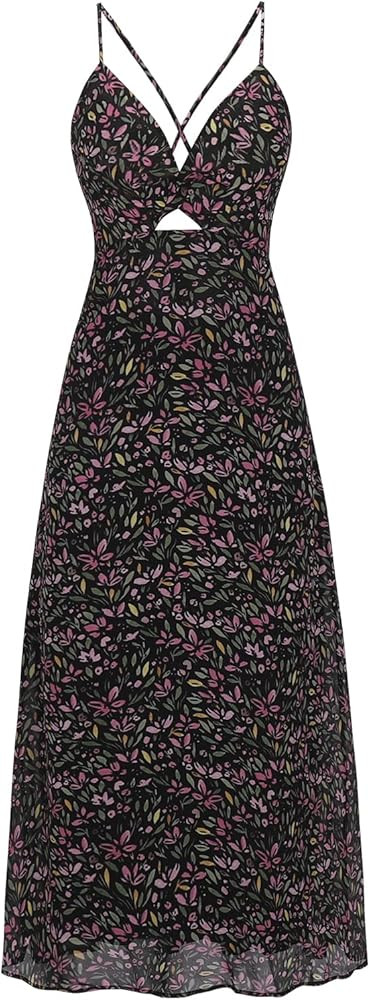 ZAFUL Women's Spaghetti Strap Floral Summer Hollow Twist Front Maxi Dresses Sexy Cutout V Neck Ba... | Amazon (US)