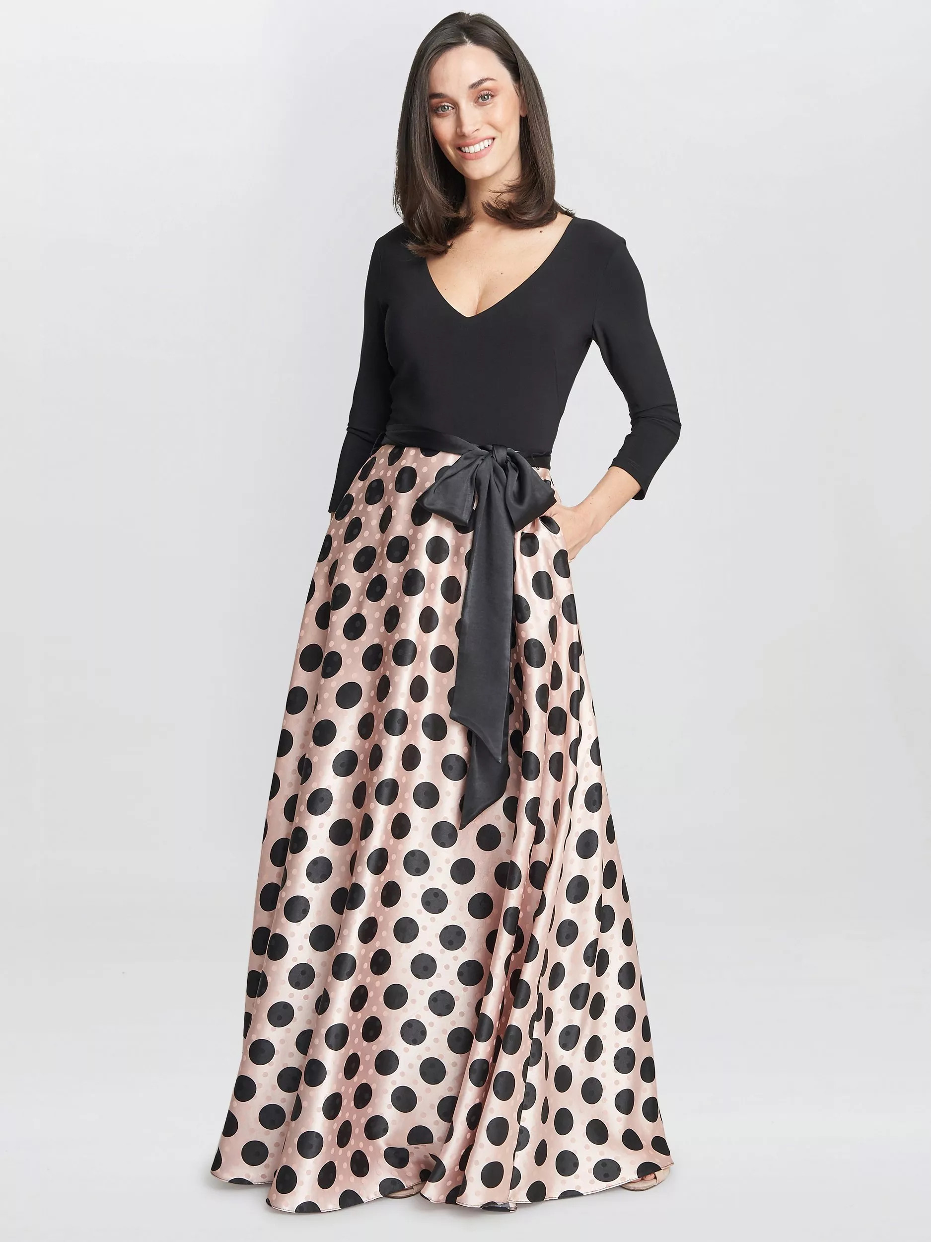 Gina Bacconi Esther Spot Print Satin and Jersey Maxi Dress, Pink/Black | John Lewis (UK)