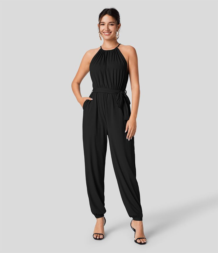 Sleeveless Tie Back Plicated Belted Side Pocket Cut Out Cool Touch Resort Jumpsuit | HALARA
