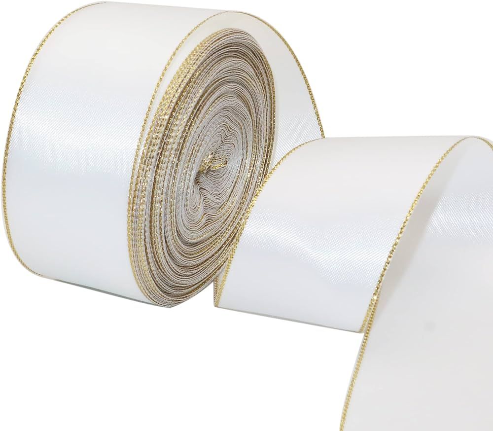 David accessories Whit Satin Ribbon with Gold Edges 1.5 Inch Wide 20 Yards, Gold Border Fabric Ri... | Amazon (US)