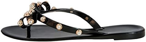 Womens Sandals Bowtie Flat Jelly Thong Rubber Strap Pearled Summer Flip Flop Beach Rain Shoes | Amazon (US)