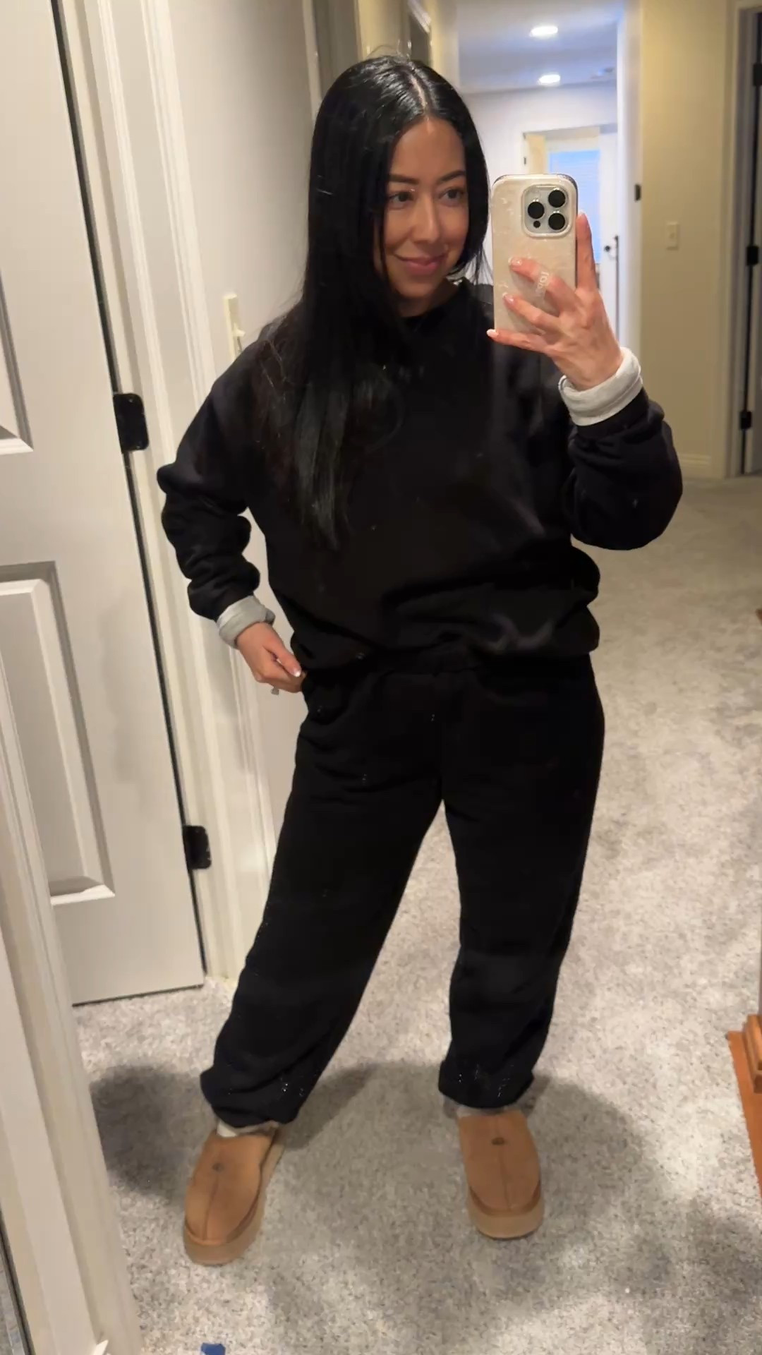 Black joggers sweatpants -size small TTS. 
Black crewneck sweatshirt - size small TTS. 
Both have fleece inside and are super soft, cozy, and warm. 
Reminds me so much of my Alo accolade sweatpants and crewneck sweatshirt  
I’m wearing a nuuds ribbed crewneck long sleeved shirt underneath. Super comfy. ***I found a Walmart version that is almost as good & I love it especially because it is so affordable comparatively!!!*** A MUST IN SEVERAL COLORS!
My entire recent Walmart order was so so good and so affordable!
Linking my entire order and exact outfit items  
Sweat set. Matching set. 

#LTKdayinmylife #LTKPetite #LTKmomlife