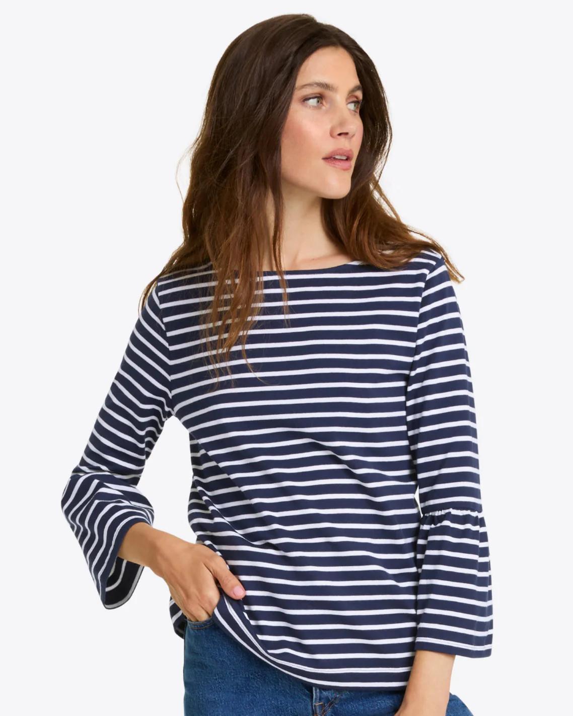 Corey Bell Sleeve Top in Navy Mariner Stripe | Draper James (US)