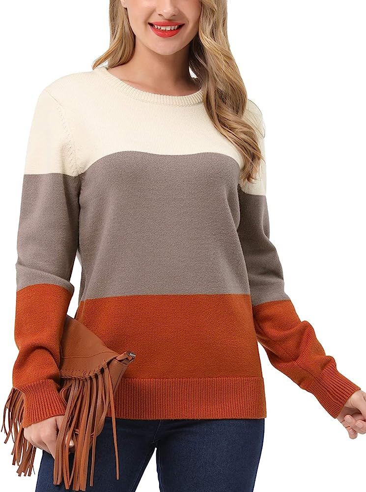 STYLEWORD Women's Casual Long Sleeve Crew Neck Color Block Knit Pullover Sweater Jumper Tops | Amazon (US)