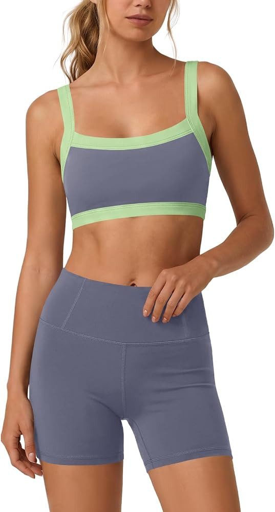 Yanekop Womens Workout Sets Color Block Padded Sports Bra Biker Short Set | Amazon (US)
