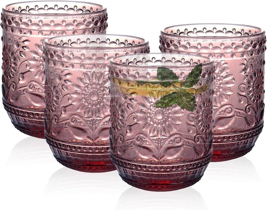 Glass Cups, Vintage Glassware Drinking Glass Set of 4, 12oz Colored Glassware with Sunflower Desi... | Amazon (US)