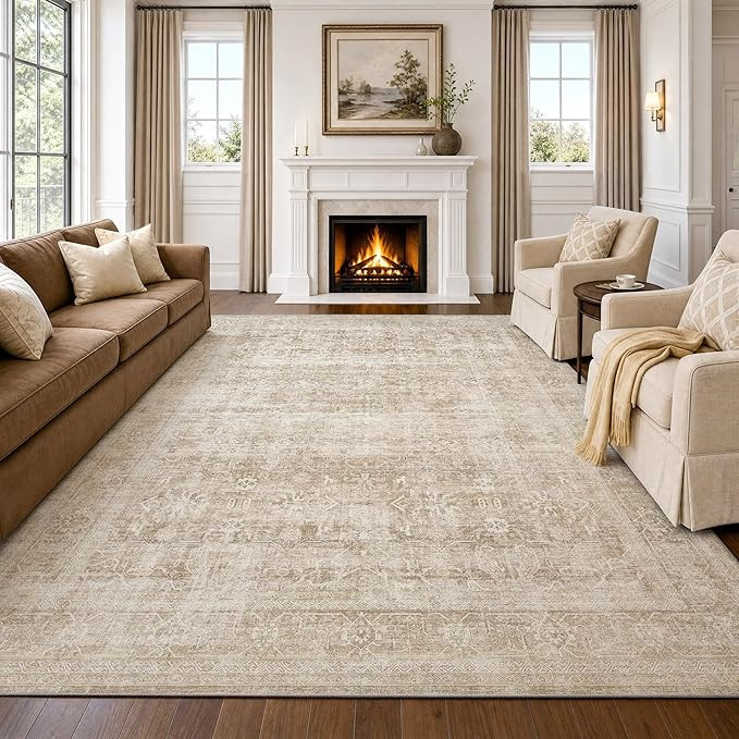 Beauoop 8x10 Washable Area Rug Beige Vintage Distressed Neutral Oriental Large for Living Room Cr... | Amazon (US)