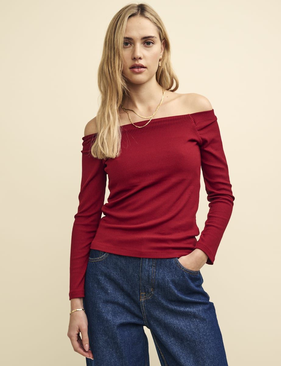 Red Long Sleeve Bardot Top | Nobody's Child