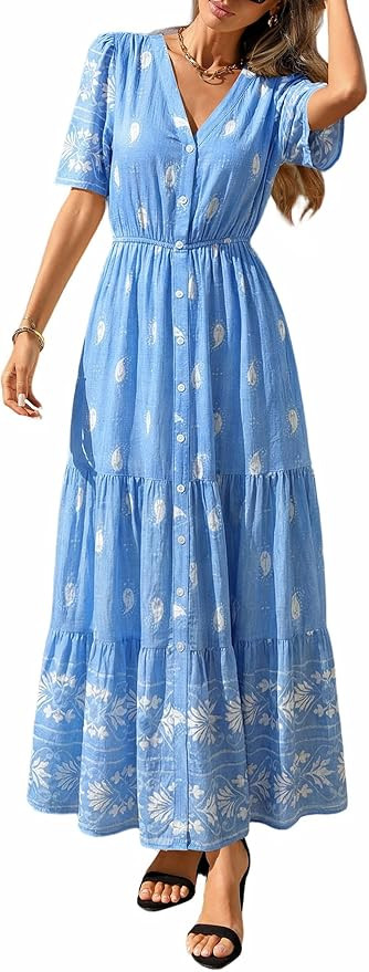 PRETTYGARDEN Womens Summer Boho Maxi Dress 2026 Trendy Short Sleeve V Neck Flowy Beach Floral Dre... | Amazon (US)