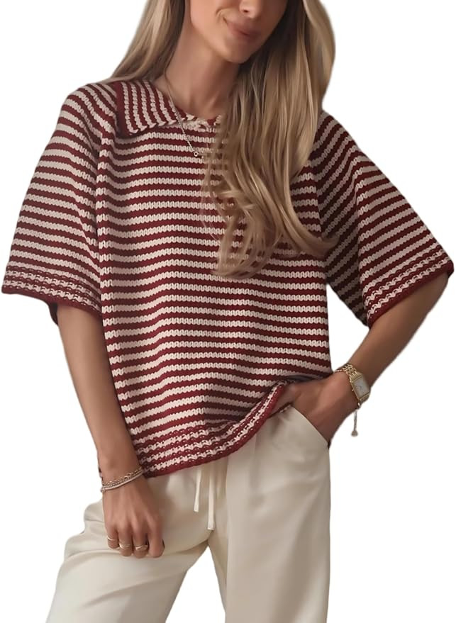 Yeokou Women's Oversized Striped Sweater Turn-Down Collar Short Sleeve Wave Texture Soft Casual D... | Amazon (US)