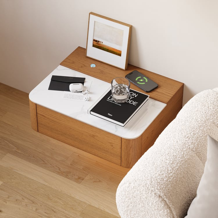 Floating Cherry Nightstand with Light & Charging Station & Sintered Stone Top | Homary