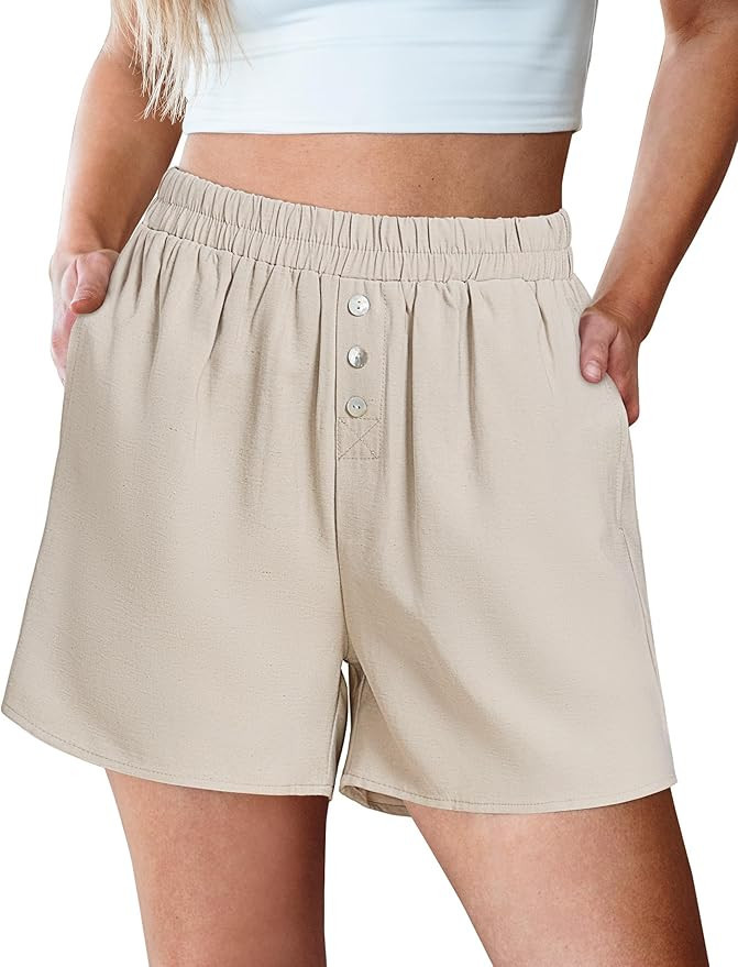 luvamia Linen Shorts for Women High Waisted Buttoned Elastic Waist Casual Summer Beach Lounge Com... | Amazon (US)