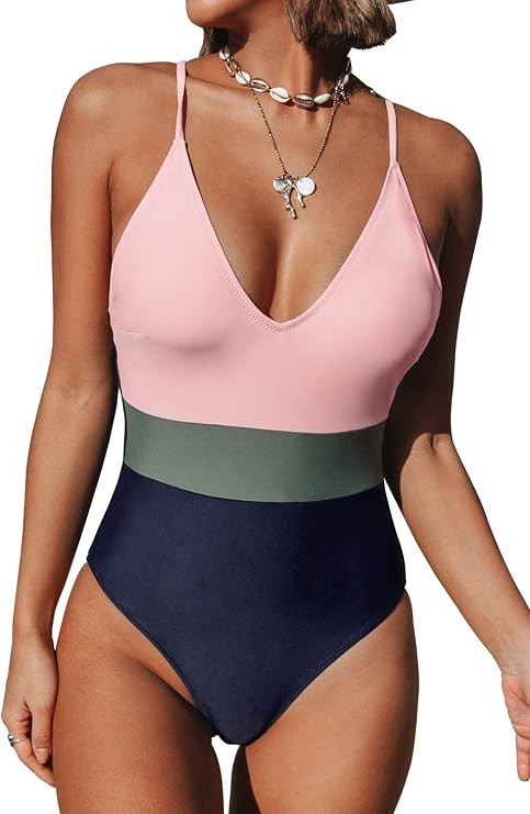 CUPSHE Women's One Piece Swimsuit V Neck Cross Back Color Block Beach Swimwear Bathing Suits | Amazon (US)