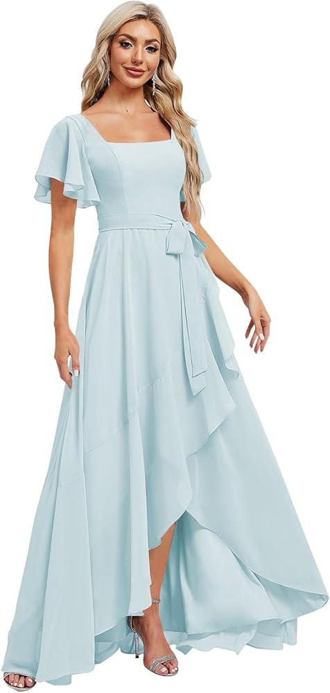 Monvelli Asymmetrical Chiffon Flutter Sleeve Bridesmaid Dresses for Women Square Neck Formal Gown... | Amazon (US)