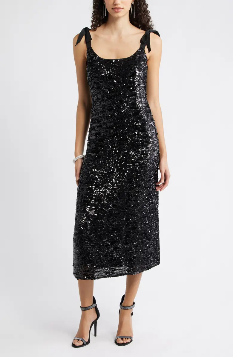 Sequin Tie Shoulder Midi Dress | Nordstrom
