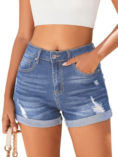 Bosmeer Women's Mid-High Rise Ripped Denim Shorts Stretchy Distressed Jean Shorts with Pockets Fo... | Amazon (US)