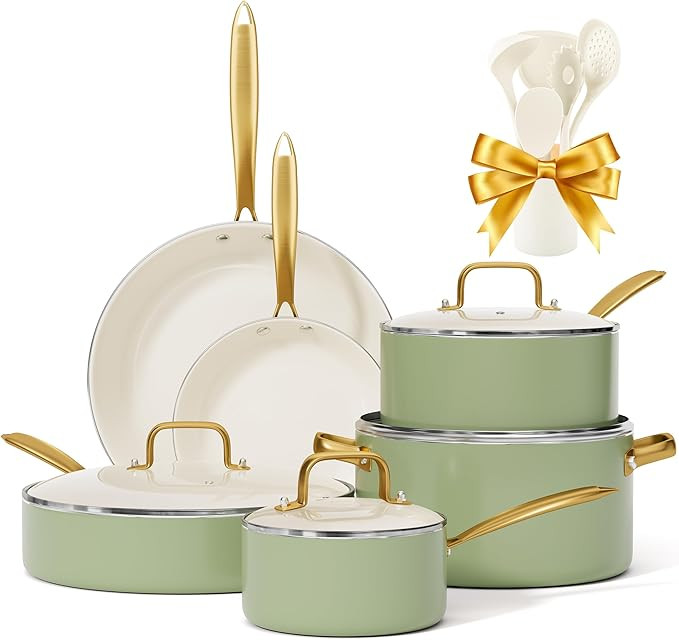 Pots and Pans Set Non Stick - VONIKI Ceramic Cookware Set with Cooking Utensils Set, Non Toxic Ki... | Amazon (US)