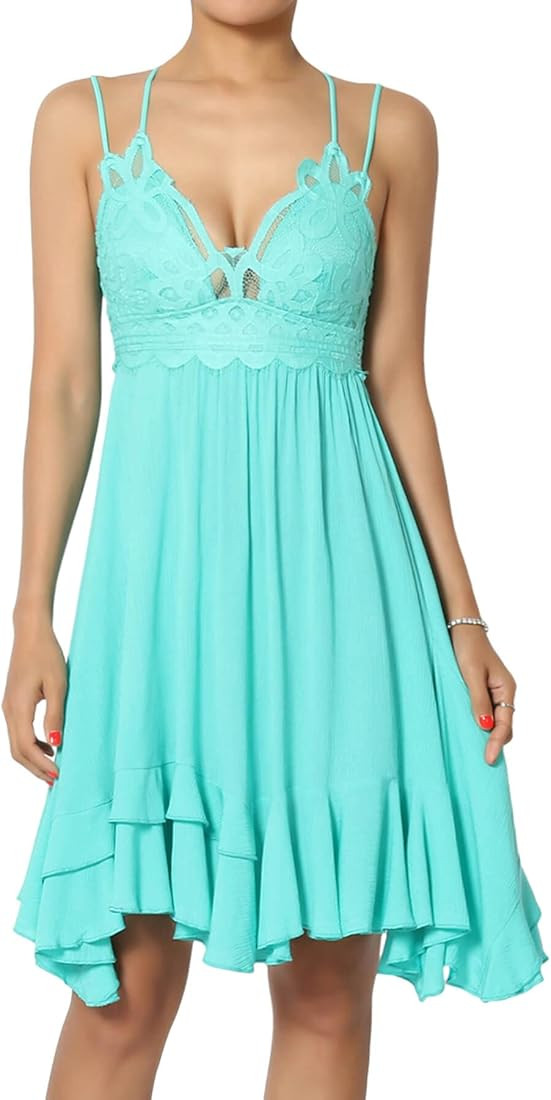 TheMogan S~3X Crochet Lace Cross Strap Smocked Back Ruffle Tiered Slip Dress | Amazon (US)